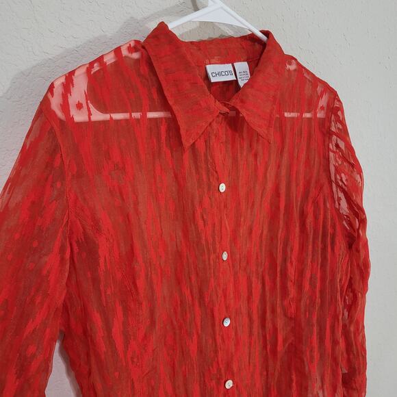 Chicos Womens Shirt Size Chicos 2 Standard Large 12 Red Button Front Sheer - Picture 10 of 13